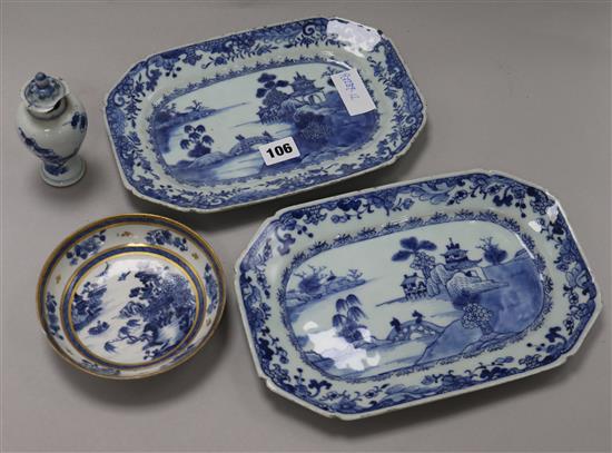 A pair of Chinese Qianlong period blue and white dishes and other blue and white porcelain dishes length 27cm